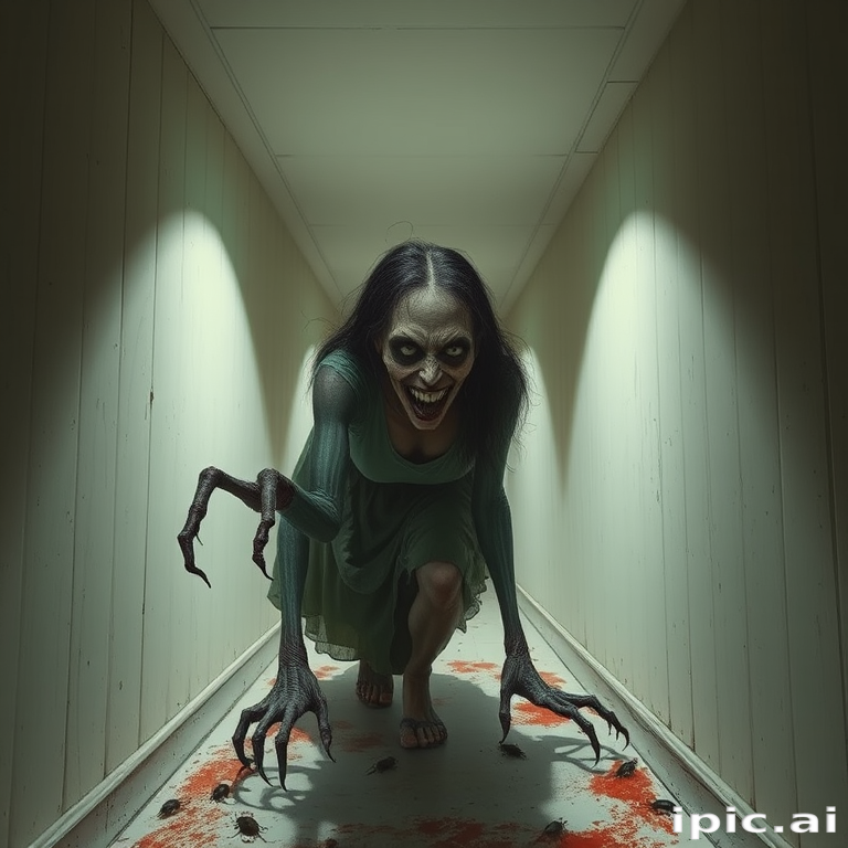 a crooked woman with long arms and a creepy smile is crawling along a long white corridor and you can also see cockroaches in it there is a creepy atmosphere creepy art style