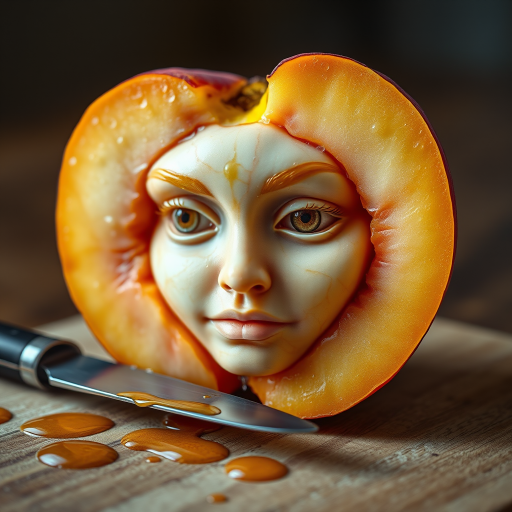 A hyperdetailed photorealistic macro color saturated high resolution image of a peach cut in half, with the peach pit being a highly detailed sculpted woman's face with her eyes open and peach-colored irises. The face has a marble texture. The image includes condensation, moisture, and peach juice. The peach is on a wooden cutting board with a small fruit knife nearby, also covered with juice.
