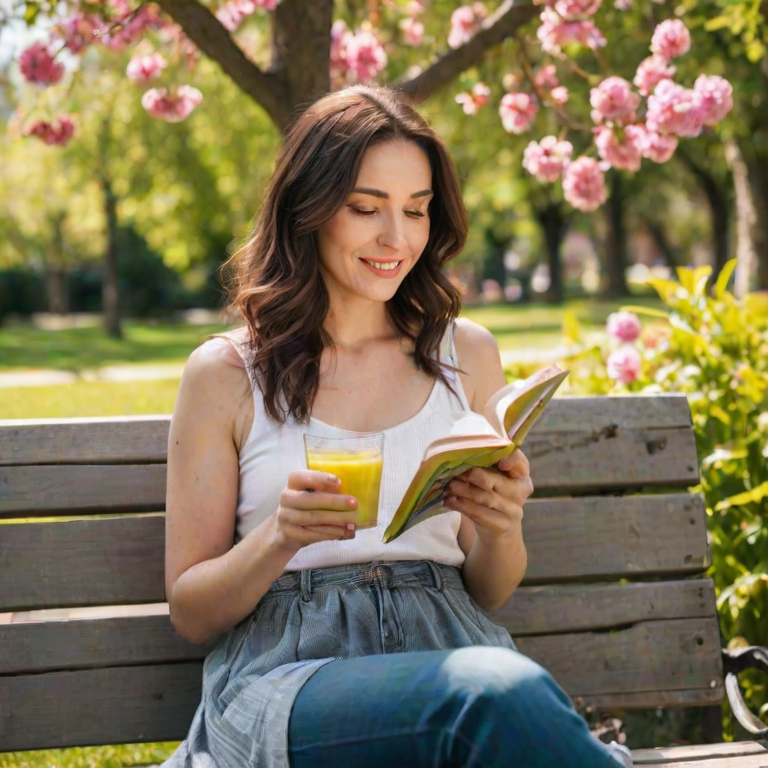 Soft-focus image of a woman enjoying a quiet moment on a park bench, sipping a smoothie and reading a book, with vibrant flowers blooming around her in the warm sunlight.