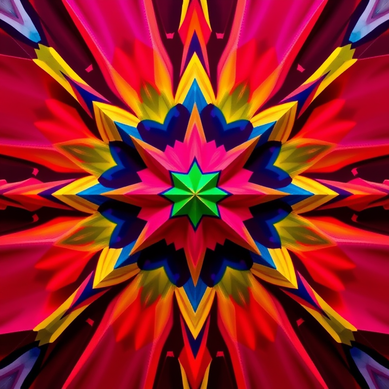 Create a high-resolution image of an abstract geometric pattern with vibrant colors in a symmetrical design, captured at f/8 aperture, ISO 100, shutter speed 1/125s, using a DSLR camera from a top-down view with soft lighting for even distribution.