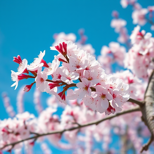 Macro view of cherry blossom branches in full bloom against a clear blue sky, using a DSLR camera, aperture f/3.5, ISO 100, shutter speed 1/200 sec, natural light for enhanced image quality.