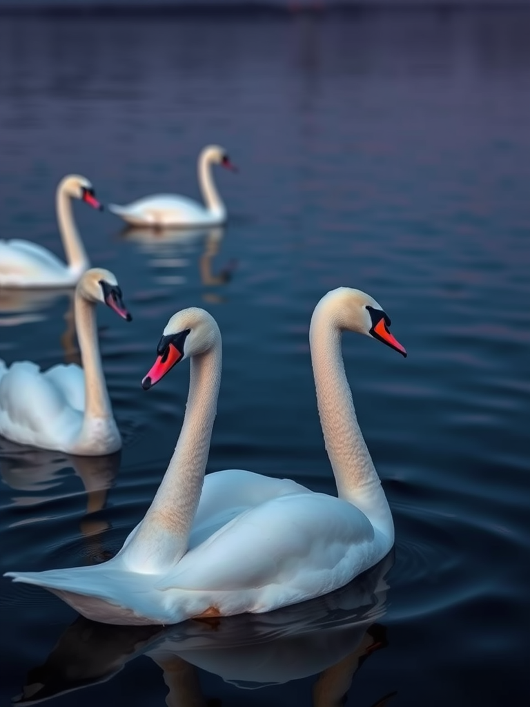 Capture a serene scene of swans swimming on a dark blue lake at dusk, with a focus on their graceful curves and reflections, using a Canon EOS R5 camera, 85mm lens at f/4, ISO 200, 1/200 sec, and a shallow depth of field for a soft background.