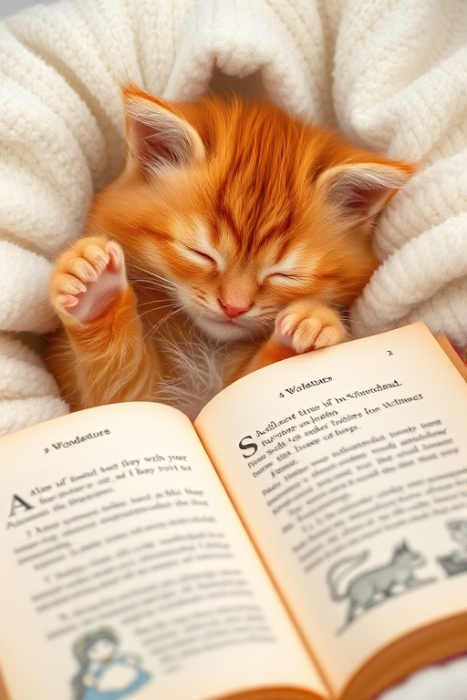 A fluffy orange kitten sleeping peacefully on a soft white blanket with its paws in the air next to an open book featuring text from Alice's Adventures in Wonderland. The kitten has a content expression, and the book pages show illustrations and text, creating a cozy and whimsical scene.