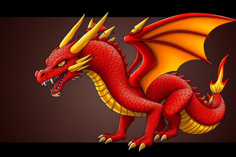 Create a high-resolution digital illustration of a vibrant red dragon with yellow accents, featuring detailed scales and a majestic wingspan, using a 50mm lens, f/2.8 aperture, dynamic angle view, and a DSLR camera style for enhanced clarity and color depth.