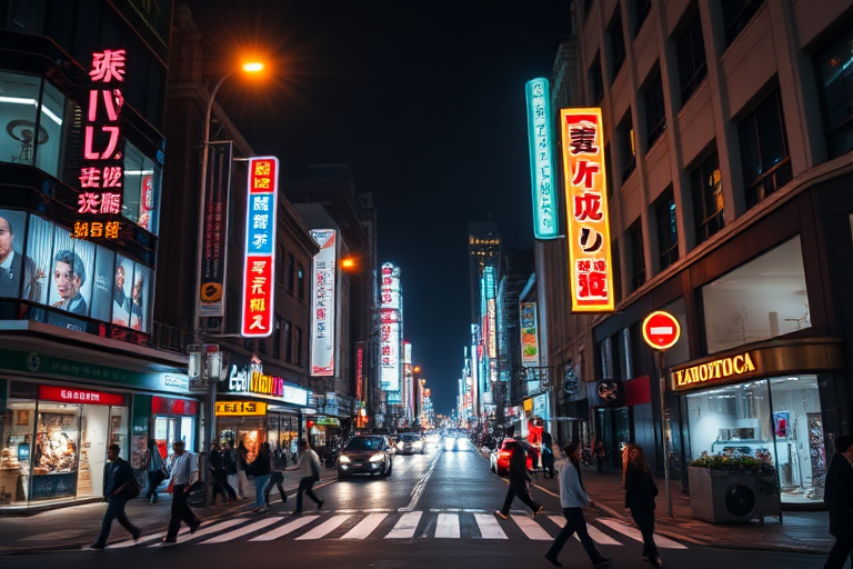 High-resolution night cityscape of a busy urban street with neon lights and people crossing, captured with a DSLR camera, 24mm lens, f/2.8 aperture, ISO 400, 1/60s shutter speed, in a wide-angle view for enhanced details and vibrancy.