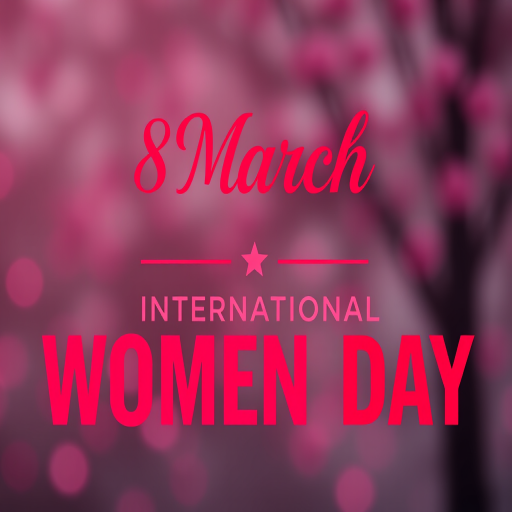Create a vibrant and colorful graphic design for International Women's Day featuring the text "8 March" and "WOMAN'S DAY" in elegant fonts, with a pink and red color palette, using a Canon EOS R5 camera, f/2.8 aperture, 50mm lens, and a shallow depth of field for a soft background blur.