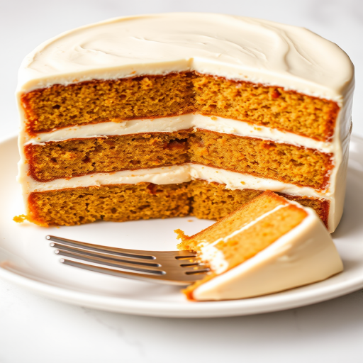 Create an image of a layered cake with distinct sections of pumpkin, cream, and spice flavors visible in the cross-section. The cake should have a smooth, creamy frosting on top and a slice removed to show the layers. Include a fork resting beside the slice on a white plate with a soft background.