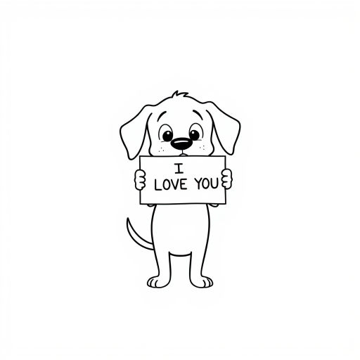 A minimalist cartoon of a PUPPY standing on a blank white background, holding a sign that simply says, 'I LOVE YOU.' The puppy is drawn with just a few lines: big eyes, whiskers, floppy ears, and a straight tail, giving it a comically desperate expression.