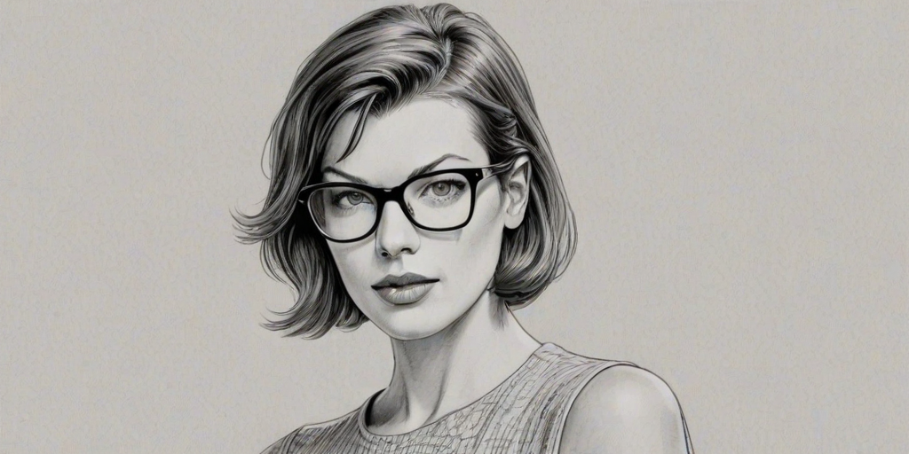 Enticing Milla Jovovich, pencil sketch, portrait of Elegant woman 1966s in glasses, hair style beatnik, outline, clear lines, fine lines, 8k