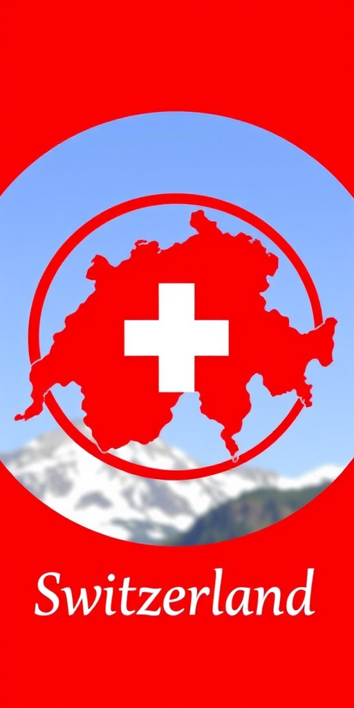 create an illustration of a circular badge with a red outline and orange background featuring the outline of Switzerland in red with a white cross in the center and the word "Switzerland" in a stylish font at the bottom, using a DSLR camera at f/8 aperture, ISO 100, 50mm lens, natural lighting for sharp details and vibrant colors.