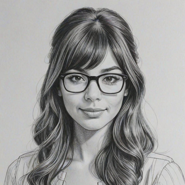 Comely Hannah Simone, pencil sketch, portrait of Radiant woman 1964s in glasses, hair style beatnik, outline, clear lines, fine lines, 8k