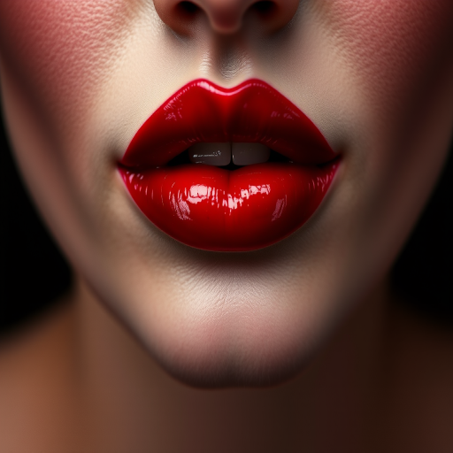 Blood-red lips with a high-shine vinyl finish, exuding sensuality and drama, perfect for a vampiric or gothic-inspired costume party