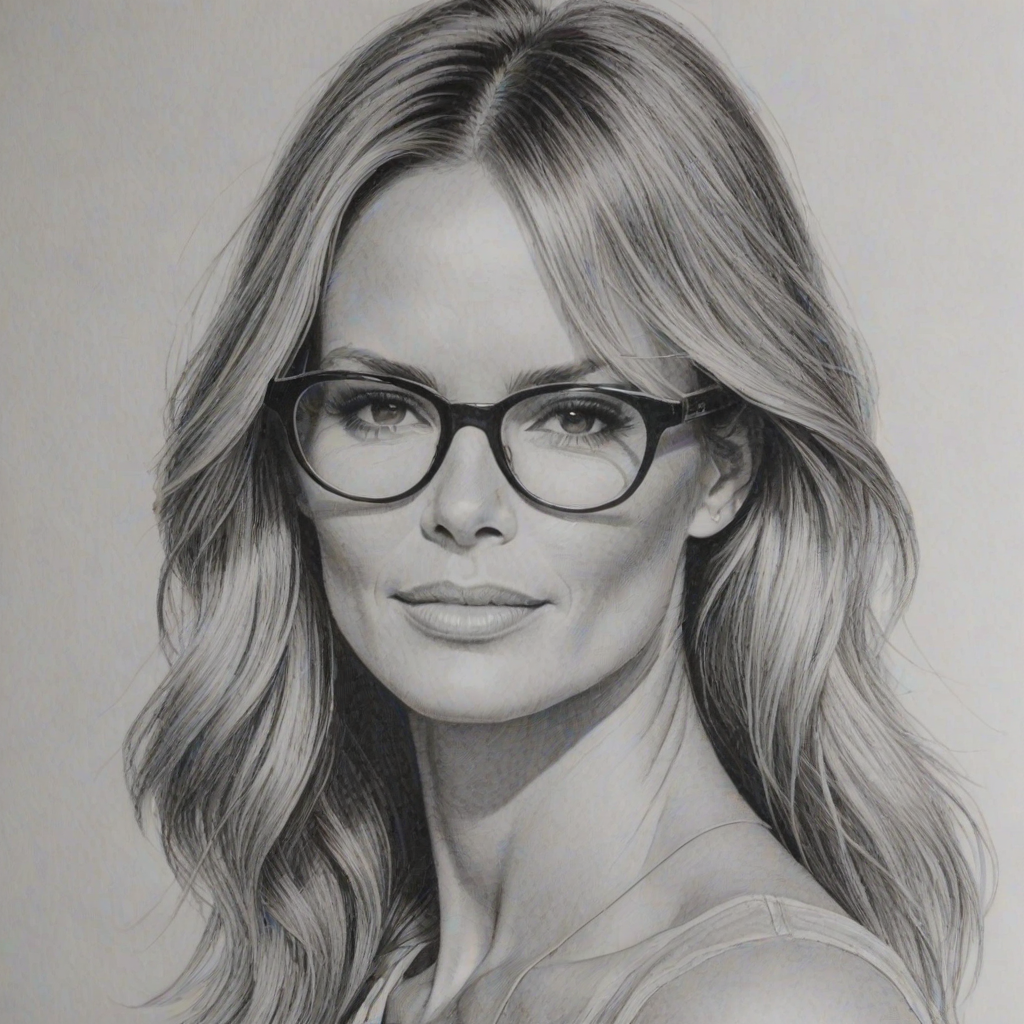 Pleasing Elle Macpherson, pencil sketch, portrait of Superb woman 1965s in glasses, hair style beatnik, outline, clear lines, fine lines, 8k