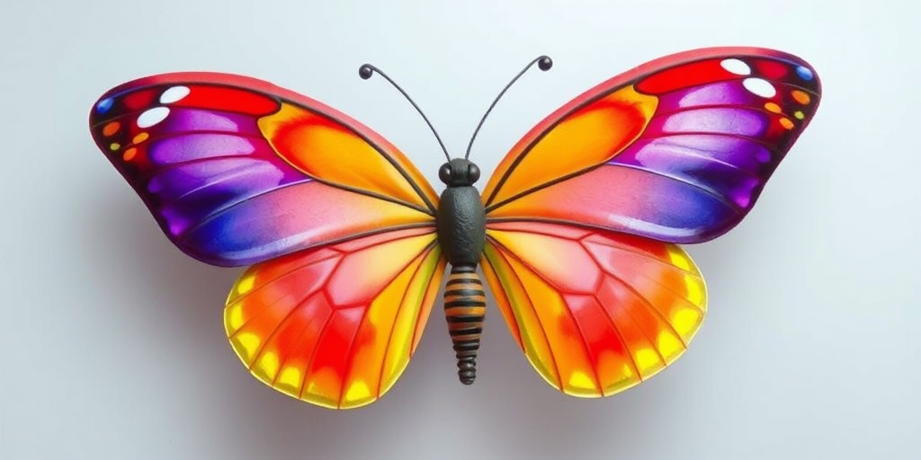 Create a colorful butterfly with vibrant wings featuring shades of red, orange, yellow, blue, and purple. The wings should have intricate patterns and a smooth, glossy texture. The butterfly should appear elegant and graceful, with a slightly tilted pose to showcase its beauty.