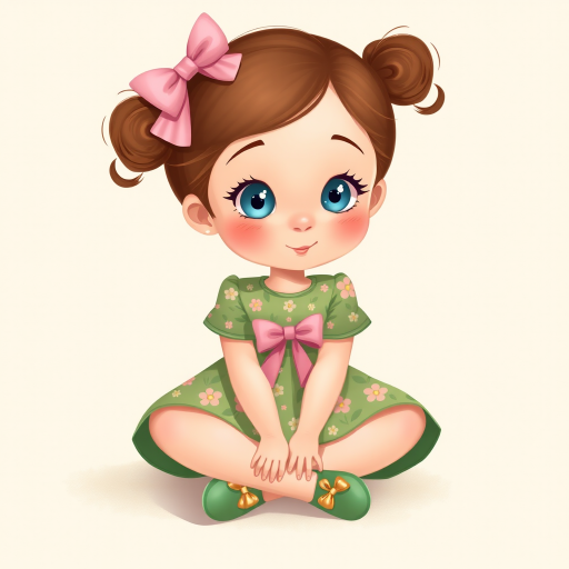 digital illustration of a kid girl with brown hair and blue eyes, sitting on the floor with her legs crossed and her hands resting on her knees. she is wearing a green floral dress with a pink bow on the front and a pair of green shoes with gold ribbon. She has a pink bows on her head. The background is a light beige color with a subtle texture. whimsical and dreamy.The color scheme is soft and muted pastel.