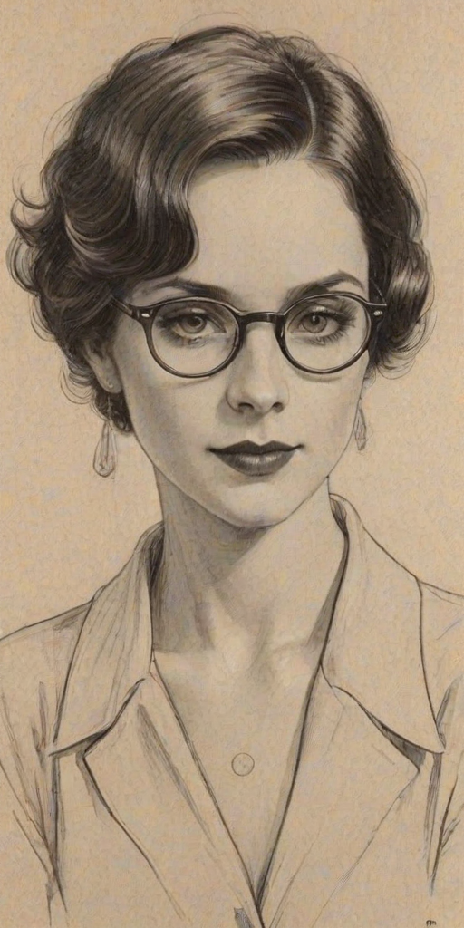 Alluring Jack'e Harry, pencil sketch, portrait of Wonderful woman 1928s in glasses, hair style beatnik, outline, clear lines, fine lines, 8k
