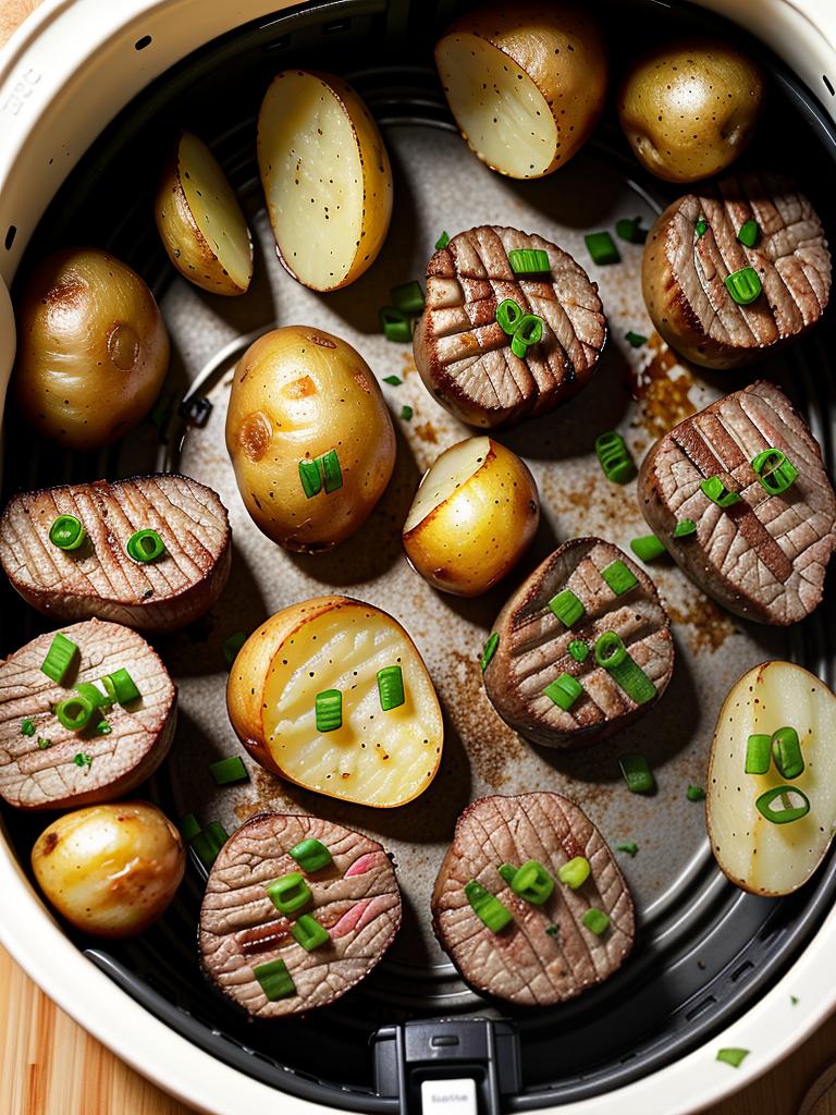 air fryer garlic steak bites and potatoes