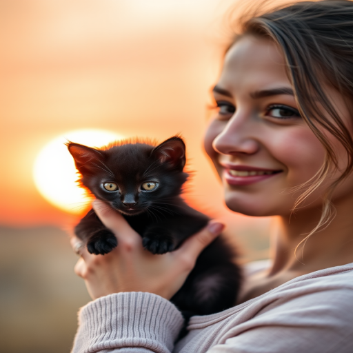 A young woman holding a small black kitten against a sunset background, soft bokeh effect, Canon EOS 5D Mark IV, aperture f/2.8, 50mm lens, golden hour lighting, shallow depth of field, portrait orientation.