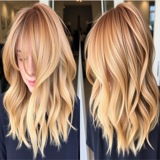 Warm honey blonde shag with curtain bangs, designed by "Golden Hour" salon, featuring tousled layers and sun-kissed balayage highlights, creating a effortlessly chic, lived-in look that evokes the glow of a summer sunset, perfect for those seeking a low-maintenance yet stylish appearance.