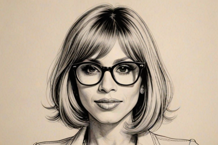 Enticing Cathy Guetta, pencil sketch, portrait of Fascinating woman 1932s in glasses, hair style beatnik, outline, clear lines, fine lines, 8k
