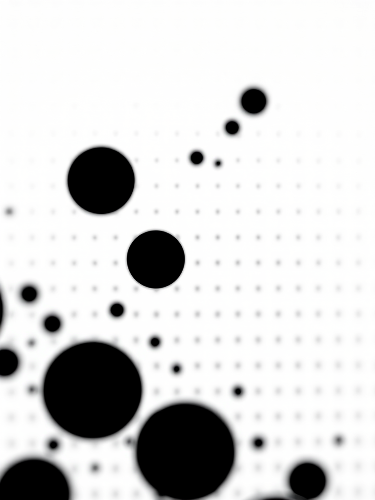 Create an image of a gradient halftone pattern with varying sizes of black circles on a white background, captured with a Canon EOS R5, 50mm lens, f/1.8 aperture, ISO 100, and a slight tilt shift effect for depth.