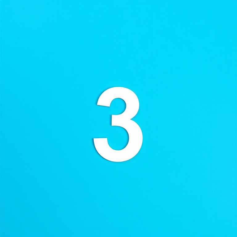Create a vibrant blue background with a large white number three centered in the image, using a DSLR camera with a focal length of 35mm, aperture set to f/2.8 for shallow depth of field, ISO 100 for optimal light capture, and a top-down view for clarity.