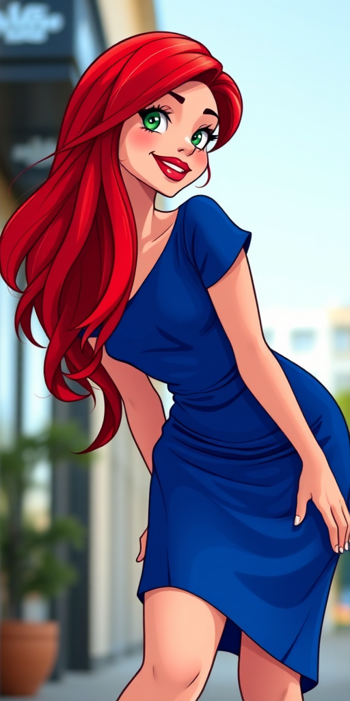 A vibrant cartoonish woman with long red hair in a stylish blue dress, bending forward playfully, captured in high resolution with a DSLR camera, aperture set to f/2.8, ISO 100, 50mm lens, natural lighting, shot from a low angle to emphasize her pose.