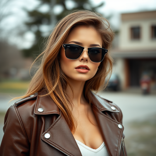 Outdoor shot, stunning female model, vintage leather jacket, sunglasses, cinematic effect, Position the camera at the model’s eye level using a 35mm f/1.4 lens