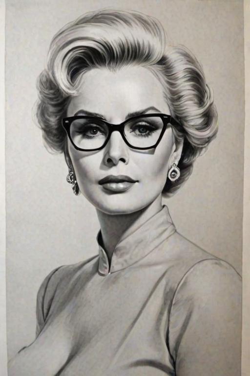 Graceful Zsa Zsa Gabor, pencil sketch, portrait of Lovely woman 1976s in glasses, hair style beatnik, outline, clear lines, fine lines, 8k