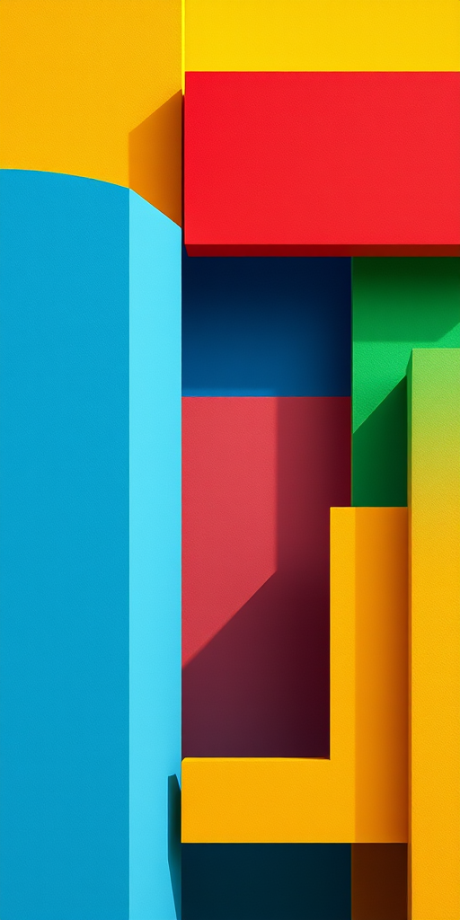 Create a vibrant, modern abstract composition featuring geometric shapes in bold colors like red, yellow, blue, and green, with a focus on depth and texture, captured with a DSLR camera, 50mm lens, f/1.8 aperture, ISO 100, at a 45-degree angle to emphasize layering and contrast.