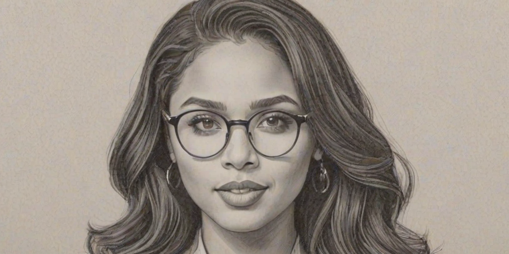 Bewitching Ayesha Curry, pencil sketch, portrait of Sublime woman 1947s in glasses, hair style beatnik, outline, clear lines, fine lines, 8k
