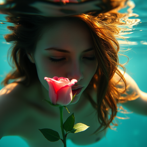 A woman underwater, gazing at a rose Her face is reflected in the water's surface The scene is illuminated by sunlight filtering through the water The atmosphere is serene and contemplative