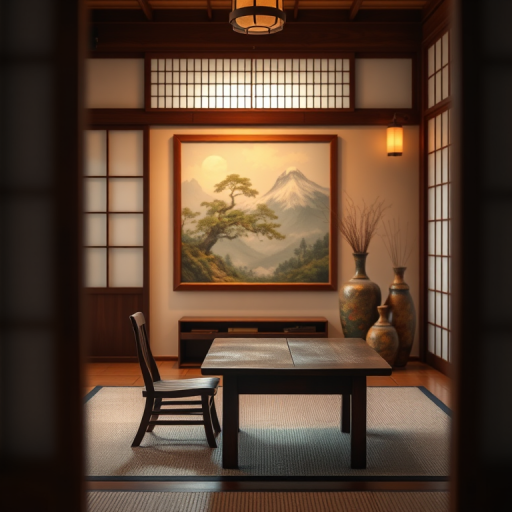 interior view of a traditional Japanese room with a wooden table and chair, vases, and a landscape painting in the background, soft lighting, high detail, DSLR camera, 50mm lens, f/2.8 aperture, ISO 100, natural light, warm color palette, depth of field effect