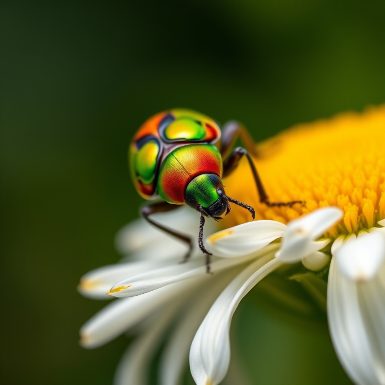 Close-up of a colorful beetle perched on a daisy flower, captured with a macro lens at f/2.8, 1/200s shutter speed, ISO 100, in natural light, using a DSLR camera for high detail and vibrant colors.
