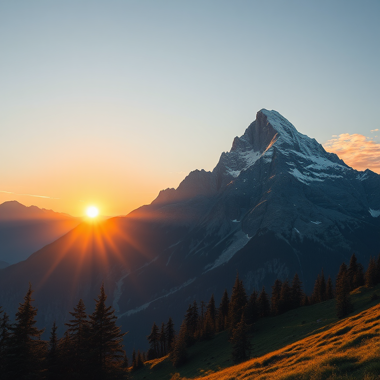 Create a high-resolution illustration of a majestic mountain landscape during sunrise with soft lighting, using a DSLR camera, 50mm lens, aperture f/2.8, ISO 100, and a wide angle view to enhance the depth and details.