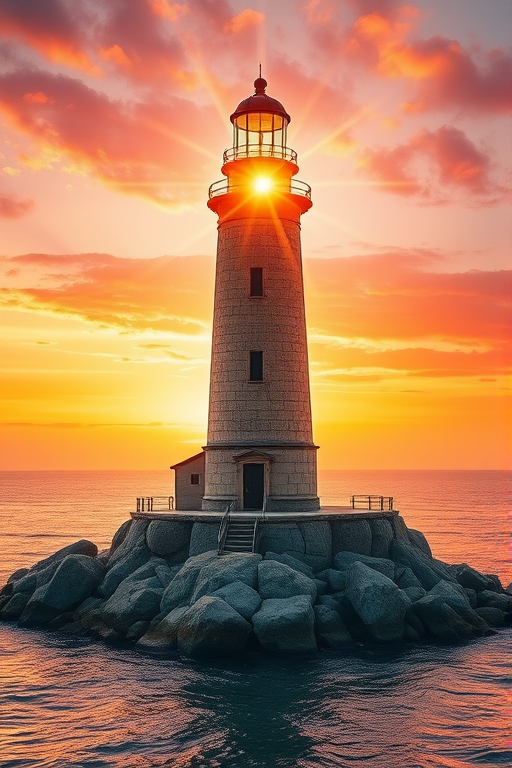 Generate an image of a tall lighthouse perched on a rocky outcrop surrounded by calm ocean waters during a breathtaking sunset. The lighthouse stands sturdy and weathered, its stone surface illuminated by the warm golden light of the setting sun. The sun's rays pass directly through the glass lantern room at the top of the lighthouse, casting a brilliant light across the scene. The sky is painted with vibrant shades of orange, pink, and purple, reflecting off the tranquil sea. The surrounding water shimmers with the same warm hues, creating a serene and majestic atmosphere.