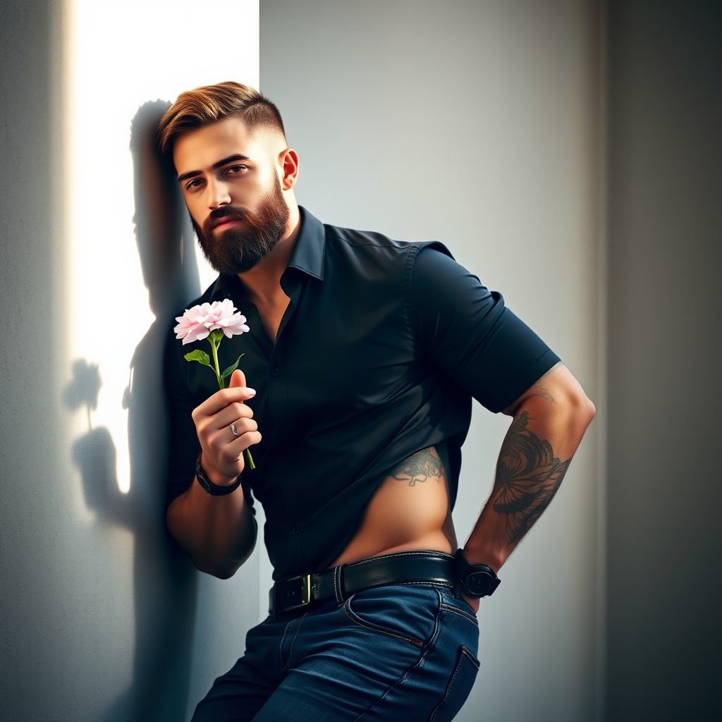 An image of a man with beard, holding a flower, leaning on a wall  with sunlight cascading his body, with abs, wearing a black shirt that fits his body some veins and sweat are visible in the arms, a jeans pants, a short hair, 4k UHD resolution" (the watch was not in the prompt, but the AI gave him that