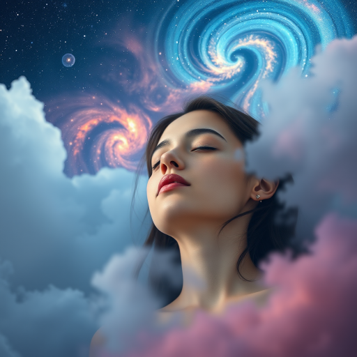 a serene scene of a young woman peacefully dreaming amidst a cosmic background of swirling galaxies and vibrant clouds, captured using a Canon EOS R5 with a 50mm f/1.2 lens, soft focus with a shallow depth of field, shooting in portrait mode to enhance the ethereal quality, with natural soft lighting to illuminate her face gently