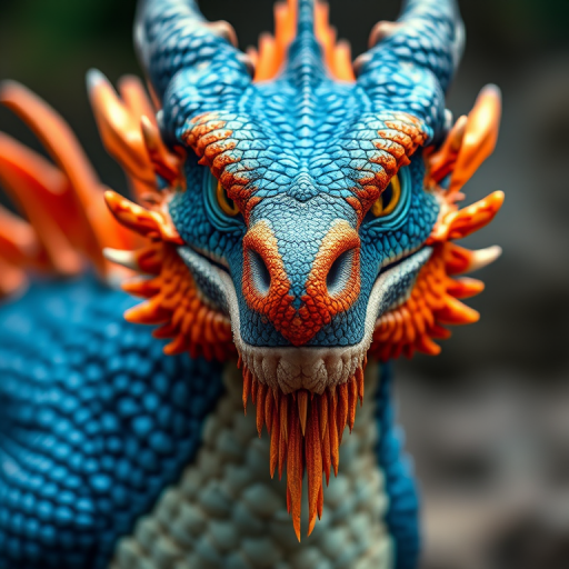 Create a vibrant and detailed portrait of a majestic dragon with blue and orange scales, emphasizing sharp features and bright, piercing eyes, captured with a DSLR camera using a 50mm lens, aperture f/1.8, ISO 200, in soft natural lighting, with a shallow depth of field for a blurred background that enhances the dragon's prominence.