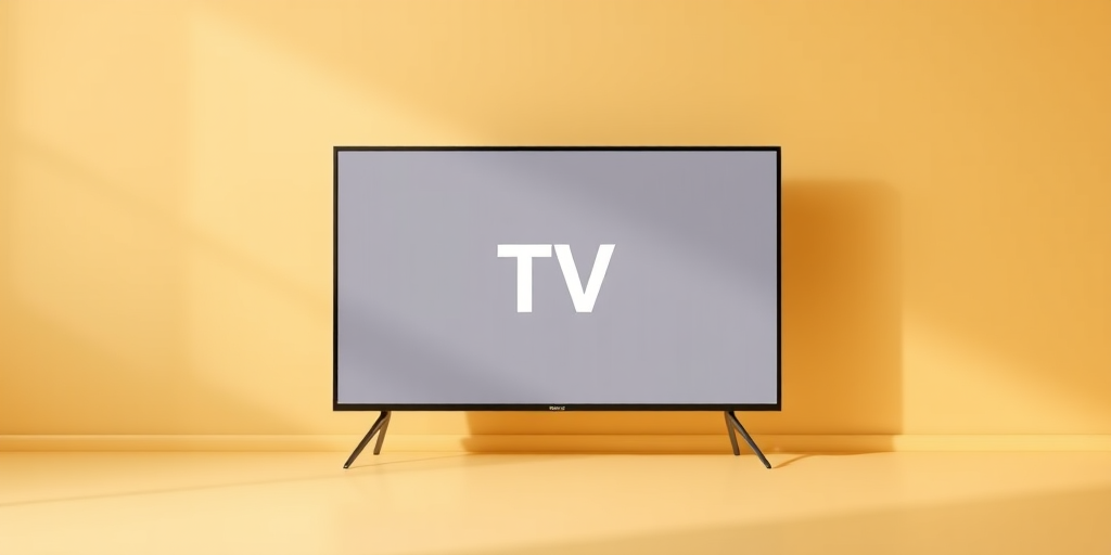 Create a high-resolution image of a modern flat-screen television with a minimalist design showing the text "TV" in the center, using a 50mm lens, f/8 aperture, ISO 100, and a softbox for even lighting.