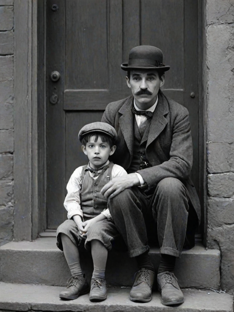 A black-and-white photograph of a man and a child sitting on steps in front of a doorway. The man is dressed as a tramp with a bowler hat, mustache, and ragged clothes, reminiscent of Charlie Chaplin's iconic look. He is sitting with his arms crossed and an expression of slight sadness or frustration. Next to him is a young boy, also in worn clothes and a cap, sitting with his hands clasped, looking thoughtful. The background is an old, textured wall and a partially open door, creating a vintage, early 20th-century atmosphere.