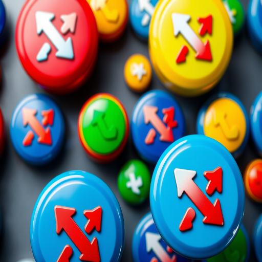 Create a high-resolution image of colorful icons featuring arrows in blue, red, green, and yellow circular buttons with glossy finishes, shot with a DSLR camera at f/2.8, 1/125s shutter speed, and ISO 100, with a top-down view and soft lighting to enhance clarity and vibrancy.