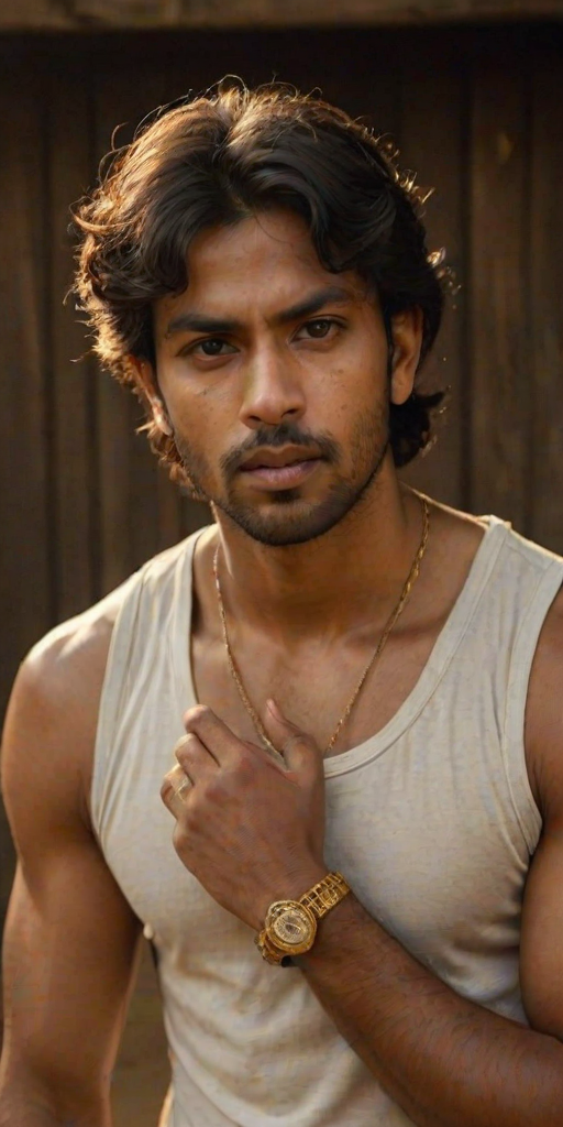A medium shot photo of an Indian man in a wooden-walled arena under warm, dim lighting, with an atmosphere that captures a sense of intensity and focus; the image is detailed, with a muted color palette of browns and earthy tones. The man has a medium build, dark curly hair, and light brown skin that shows visible sweat and natural texture like pores, emphasizing the realism of the moment. He appears to be in a state of concentration, his facial expression intense with his mouth slightly open and eyes looking downward, while both hands are raised with his fingers spread apart. He wears a simple sleeveless white vest with the phrase "Wait a minute" spelled out in rap style font , accessorized with several gold rings and a gold chain, giving a contrasting touch of brightness. The warm light accentuates the sheen on his skin and casts subtle shadows, adding depth to his features. In the background, a motorcycle is suspended on the wall, indicating a dynamic and risky setting, possibly part of a performance or stunt show. The textured wooden wall creates a rustic and immersive atmosphere, with soft ambient light filtering through small gaps. The composition captures the man's emotions and the gritty setting with sharp details, highlighting both his expression and the unique environment