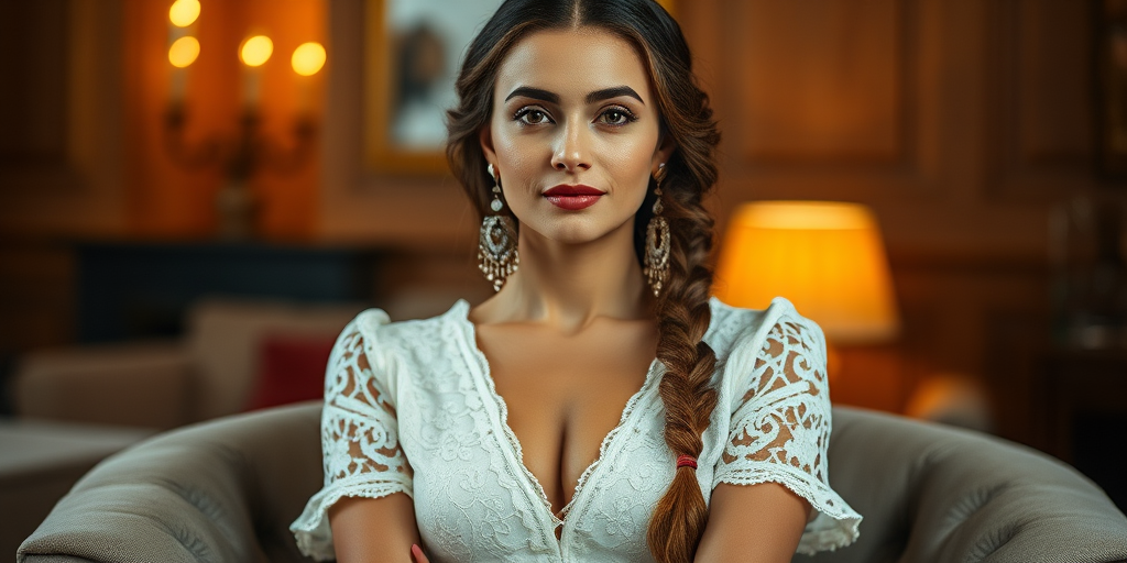 Create a portrait of a refined and elegant Turkish woman seated in a sophisticated setting. She has long, wavy hair styled in two thick braids that are pulled over her shoulders. She wears a white, lace gown with intricate patterns, featuring a deep V-neckline and short sleeves. The dress exudes a vintage charm with its delicate lacework. She is adorned with ornate, dangling earrings that add a touch of glamour to her appearance. The background is softly lit, with warm, ambient lighting that creates a cozy and inviting atmosphere. Her expression is poised and serene, capturing a sense of grace and elegance.