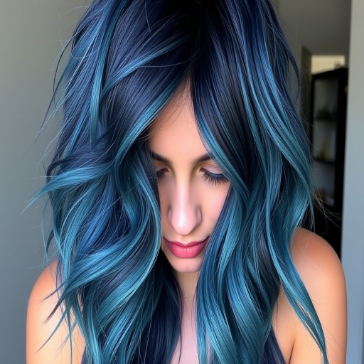 Midnight blue hair color styled in loose beach waves, Oceanic Dreams look, mimicking the depths of the sea with subtle navy and teal undertones