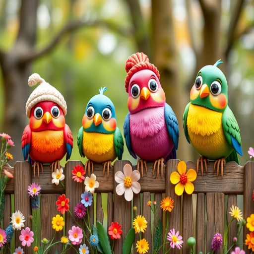 create a scene of 4 quirky  whimsical colourful comical birds each with a funny expression. they are sat on a wooden fence with colourful flowers. they are all different sizes. each one is a different colour  one is wearing a woolly hat. Each one has a different quirky google expression and there is a muted background of trees watercolour paintierly style high definition 8k resolution 3D paper mache