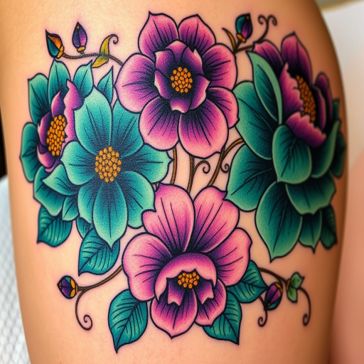 Neo-traditional tattoo named "Floral Reverie" featuring bold, stylized flowers in rich jewel tones of emerald, sapphire, and amethyst, accented with golden leaves and swirling vines, combining thick outlines with smooth color gradients for a striking visual impact, suitable for thigh or shoulder placement