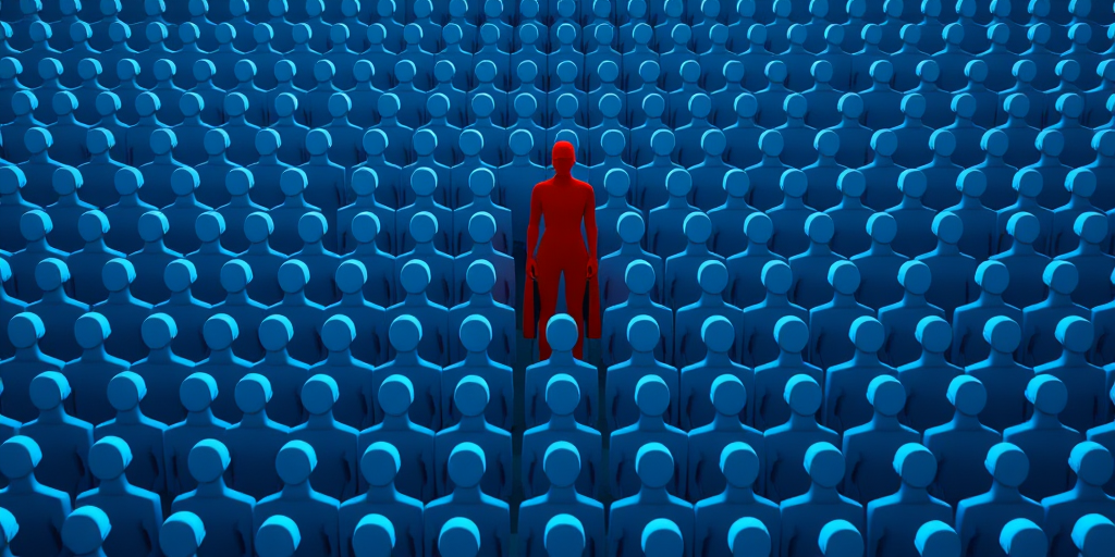 Create an image of a crowd of blue silhouette figures arranged in rows with one red silhouette standing out in the center, shot with a Canon EOS R5 at f/8, ISO 100, 24mm lens, using a flat lay perspective, and a minimalist design style for clarity and impact.