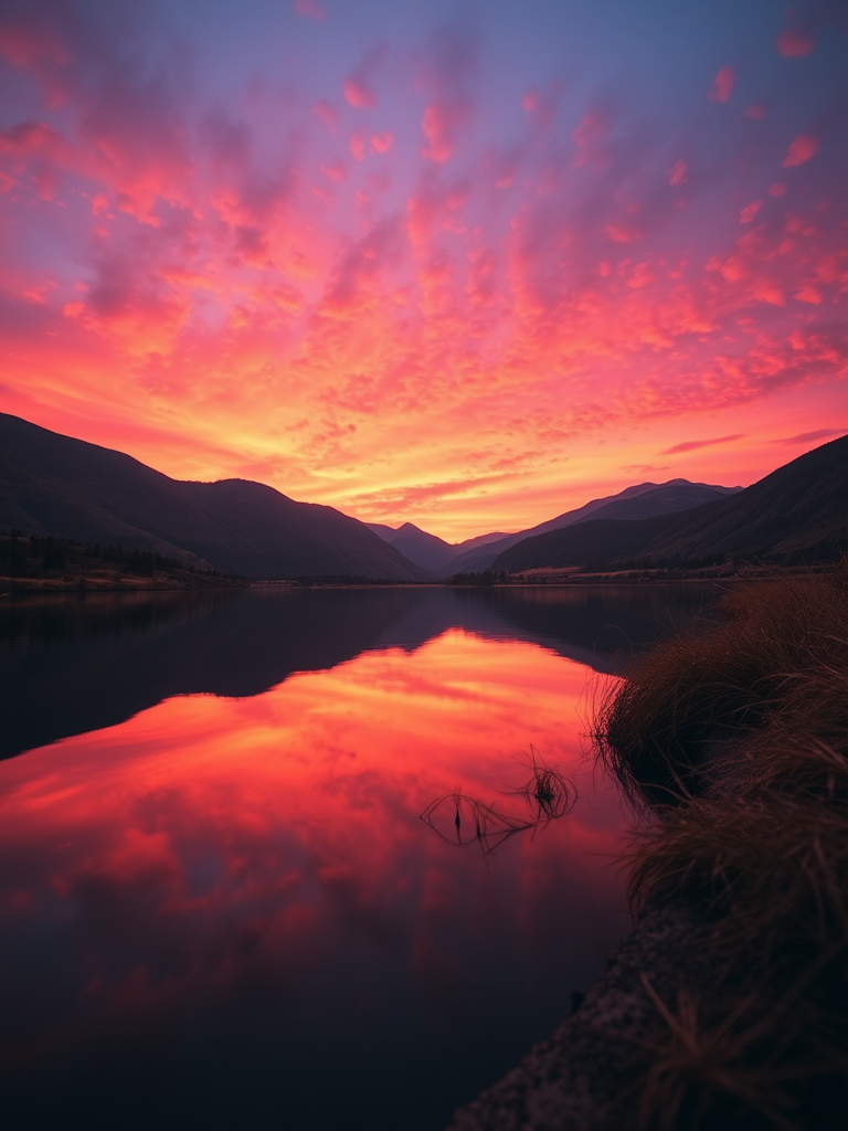 Capture a high-resolution image of a tranquil landscape at sunset, with vibrant orange and pink skies reflecting in a calm lake, using a DSLR camera with a 24mm lens, aperture set to f/8, ISO 100, shutter speed 1/160s, taken from a low angle perspective for depth.
