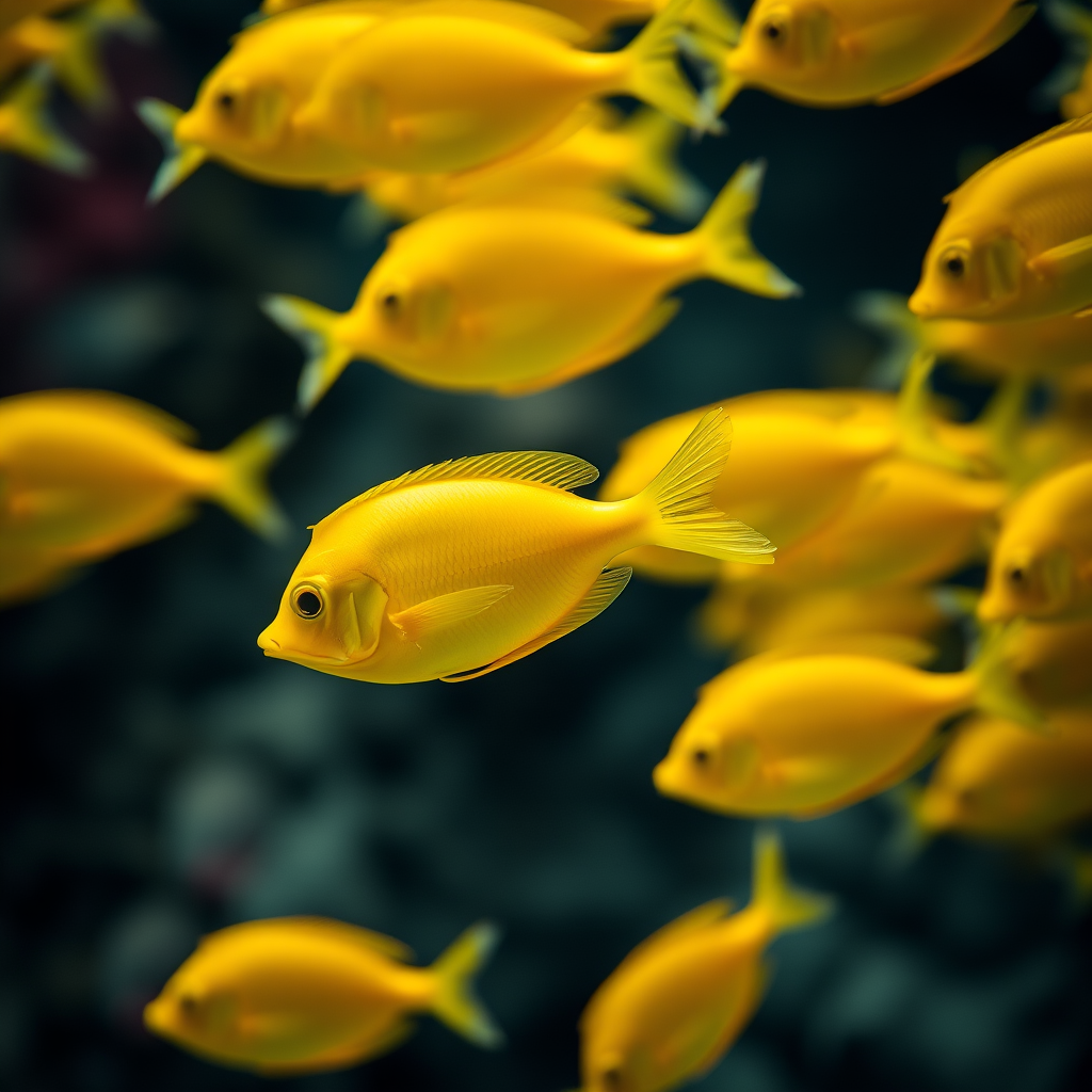 Create an image of a school of vibrant yellow fish swimming together, shot with a Canon EOS R5 at f/2.8, ISO 100, 1/250s, in a macro perspective with a shallow depth of field to emphasize the details and colors of the fish while blurring the background.